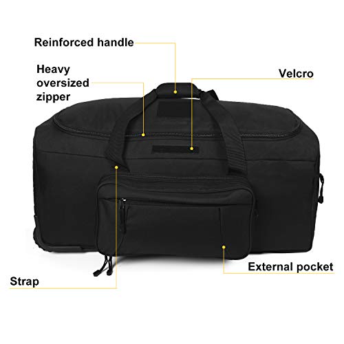 XWLSPORT Military Wheeled Deployment Bag Tactical Camo Heavy Duty Duffel Bag Water-Resistant Luggage Bag It's Suitable on Travelling, Camping, Business, Sporting Ect (Black)