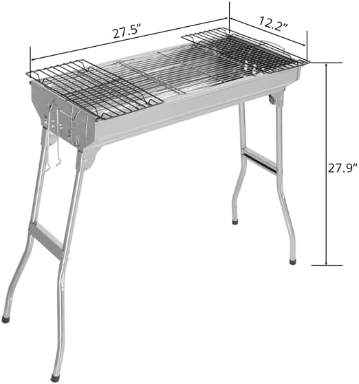 Charcoal Grill, Barbecue Grill Stainless Steel BBQ Smoker for Outdoor Barbecues Camping, Folded Camping Grill, Barbecue Folding Portable for Outdoor Cooking Camping Hiking Picnics Backpacking Silver