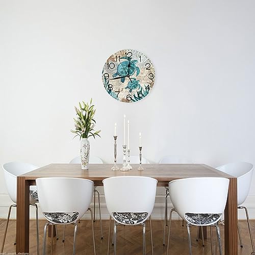 Turtle Wall Clock Vintage Beach Theme Retro Nautical Sea Starfish Round Battery Operated Decorative Silent Non Ticking Desk Clocks Easy To Read For Home Decor Living Room Kitchen Office #TOP2