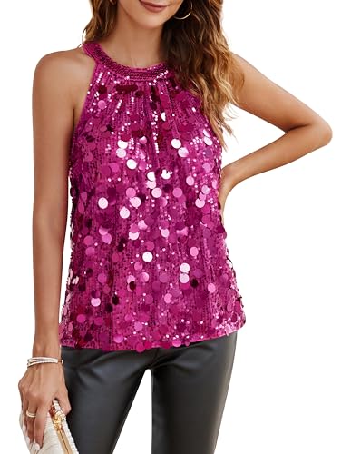 Sequin Tank Tops for Women Sparkly Glitter Halter Top Shiny Ruched Concert Tops Flowy Sleeveless Disco Outfits Party Rose Red M