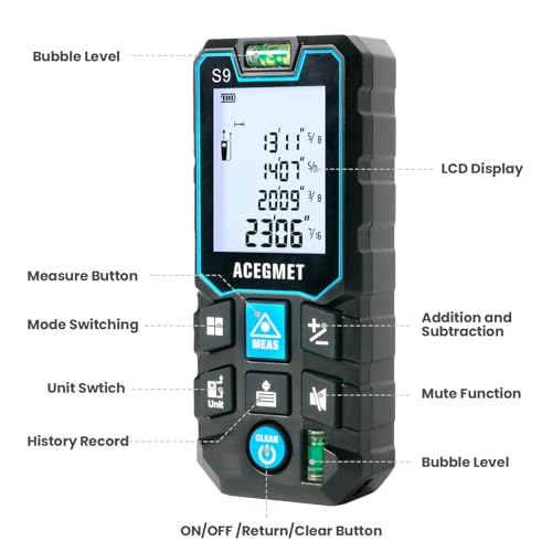 Miniatura 8 de Acegmet Medidor Láser 70m, S9 Medidor De Distancia Láser De Precisión 1 16 , Telémetro Láser Con 2 Nivelves Burbuja, Lcd Retroilum, Ip54, Con M In Ft Conversión, Distancia Área Volumen Pitágoras