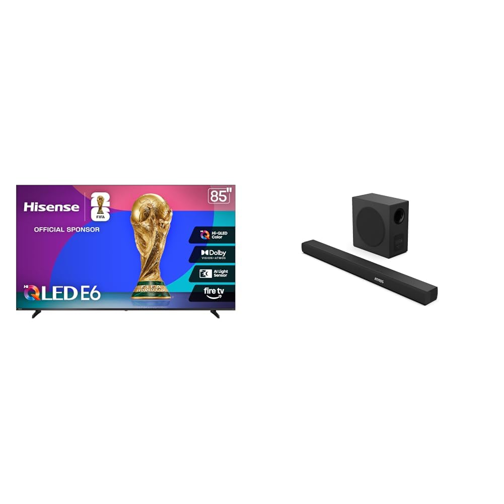 Hisense 85" E6 Cinema Series Hi-QLED 4K UHD Smart Fire TV (85E6QF) with AX3100Q 3.1ch Soundbar, Dolby Vision · Atmos, DTS:X, Wireless Subwoofer, Bluetooth 5.3