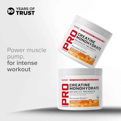 Image of GNC Pro Performance Pure Micronized Creatine Monohydrate with Free Shilajit | 250 gm & 10 gm Shilajit|Instantized | Fuels Muscles | Increase Muscle Mass | Rapid Absorption | Orange