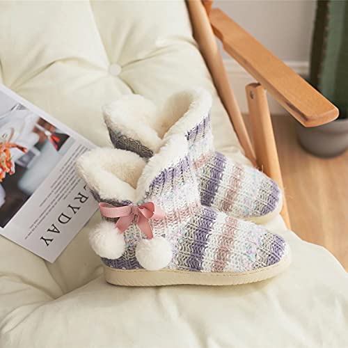 GURGER Gebreide huislaarzen voor dames, pluche, huislaarzen, wintergevoerd, hoge slipvaste pantoffels - Image 7