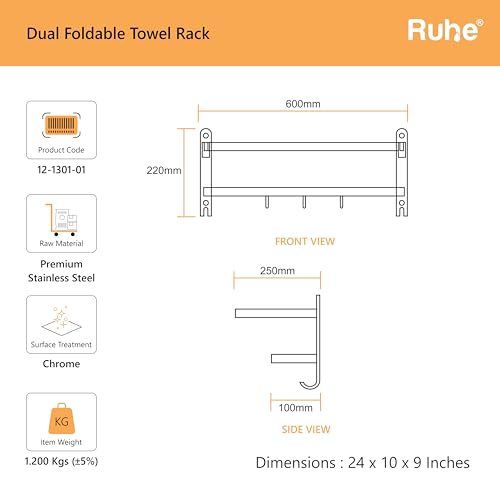 Image of Ruhe Dual Folding Towel Rack | Premium Grade Stainless Steel Dual Folding Towel Rack /Towel Holder /Towel Stand /Accessories for Bathroom and Kitchen | (24 Inches)