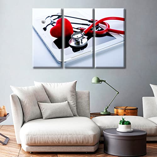 Image of TUMOVO Red Heart Stethoscope on Tablet PC Health Medical Technology Concepts Wall Decor 3 Panels Medical Pictures Wall Decor for Bedroom Framed Ready to Hang (36 inch Wx24 H)
