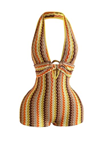 BEAUDRM Womens Summer Romper Sexy Short Rompers Y2K Outfits Halter Backless Jumpsuit Country Concert Party Rave Club Outfits Multicolor Large