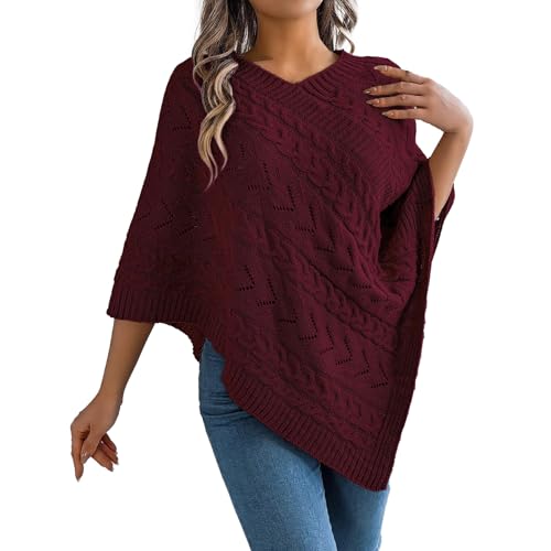 Vhersily Poncho de punto con motivo trenzado, con escote en V, cómodo, punto trenzado, con dobladillo asimétrico, elegante, delgado, de manga larga, para otoño e invierno, para viajes, rojo, XL
