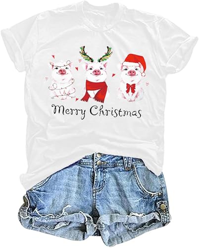 tiorhooe Weihnachten Schwein T-Shirts für Damen Cute Weihnachts Shirt Frauen Graphic Print Tees