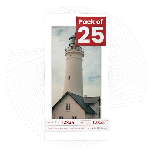 Poster Palooza Pack of 25 Acid Free 12x24 Mats Bevel Cut for 10x20 Photos - White Precut Matboards With Backing Boards and Clear Photo Mat Bags For Pictures, Photos, Framing - 4-ply Thickness