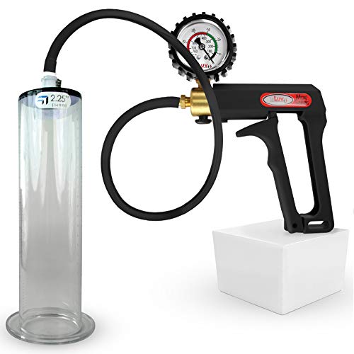 LeLuv Black Maxi Penis Pump with Rubber Protected Gauge Premium Silicone Hose Kit 9 inch Length x 2.25 inch Diameter Wide Flanged Cylinder