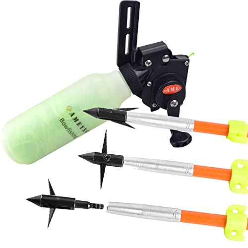 AMEYXGS 12 pcs Bowfishing Arrow and Bowfishing Reel Set Fishing Arrows with Broadheads and Safty Slides for Compound Bow and Recurve Bow Fishing Huntings (Orange Arrow+Reel)