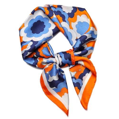Stlvoll 27.5 Silk Scarf of Womens Fashion Head Scarf Square Neck Satin Scarfs for Bag Hair Scarves Gift (Orange/Blue)