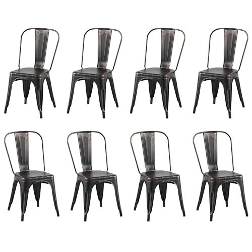 Image of Metal Dining Chairs with Back, Stackable, Distressed Black, 8 Pack | Easy Assembly, Non-Slip Feet, 330 lb Capacity, Kitchen, Restaurant, Cafe, Pub, Covered Patio