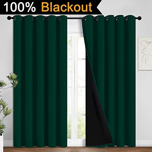 Image of Yakamok 100% Blackout Lined Panels, Room Darkening Thermal Insulated Blackout Curtains for Bedroom, Heat Blocking Drapes for Living Room(62Wx84L, Green, 2 Panels)