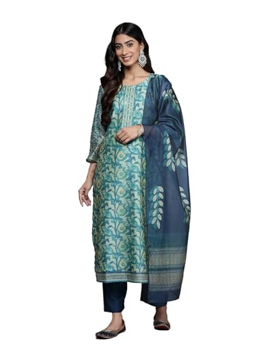 Image of Varanga Women Floral Printed Kurta Pant Set with Dupatta | Silk Blend Fabric | Summer Wear | 3 /4 Sleeve Round Neck | Lightweight & Comfortable Daily Wear