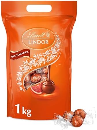 Lindt LINDOR Schokoladen Kugeln Blutorange | 1 kg Beutel, wiederverschließbar | ca. 80 Schokolade mit zartschmelzender Füllung | Großpackung, Pralinen-Geschenk