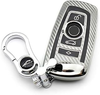 M.JVisun Soft Carbon Fiber Finish Car Key Fob Cover For BMW 1 Series 2 3 4 5 6 7 Series X3 X4 M2 M3 M4 M5 M6 Electroplated TPU Case With Metal Keychain - Silver