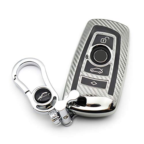 M.JVisun Soft Carbon Fiber Finish Car Key Fob Cover For BMW 1 Series 2 3 4 5 6 7 Series 5GT GT3 GT5 X1 X3 X4 M2 M3 M4 M5 M6 Electroplated TPU Case With Metal Keychain - Silver