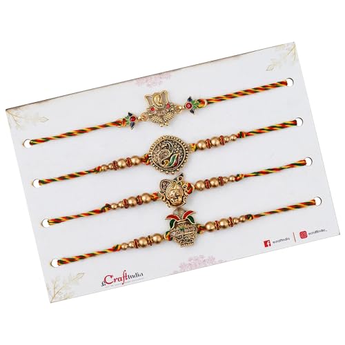 Image of eCraftIndia Set of 4 Designer Rakhi with Cute Deer Showpiece & Best Bro Ever Fridge Magnet | Premium Raksha Bandhan Gift Set for Brother | Roli Chawal Included