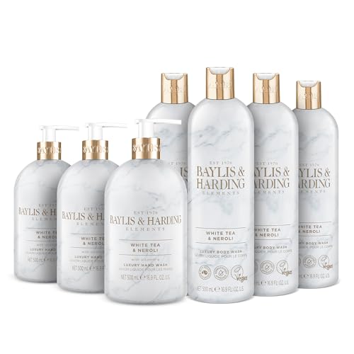 Baylis & Harding Elements White Tea & Neroli Toiletries Bundle: 3 x 500 ml Hand Wash & 4 x 500 ml Body Wash (7 bottles) - Vegan Friendly