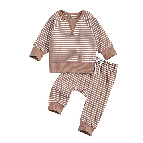 Image of DuAnyozu Baby Boy Girl Fall Winter Clothes Sets Striped Long Sleeve Shirts Tops and Leggings Pants Cotton Baby Outfits (Khaki,0-6 Months)