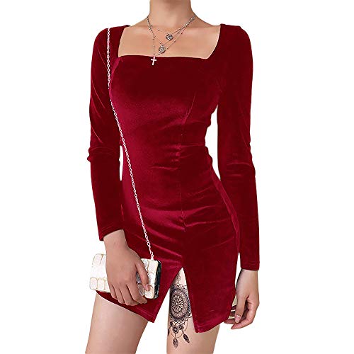Axiamoncha Casual Sexy Mode Langarm Einfarbig Quadratisches Kleid Party Off Schulterfreies Kleid Eng Kleid Mini Gesäß Kleid, rot, L Cover