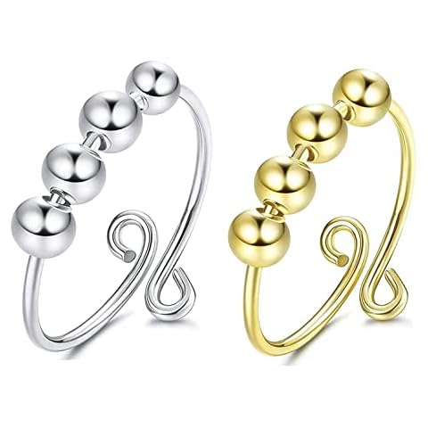 Spinner Fidget Ring - Open Finger Ring Single Coil Spiral Beads Rotate Freely Knitting Unzip Tools Sterling Silver Adjustable Knitting Loop Crochet Loop Jewelry Gifts for Women (Gold+Silver) Cover
