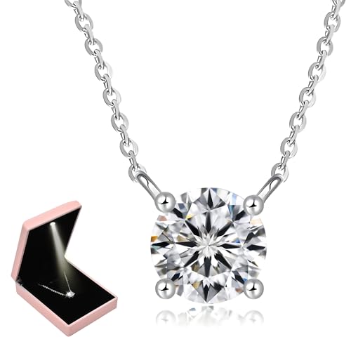 Moissanite Necklace for Women (1-3Ct) – Round Solitaire Pendant on 18K White Gold-Plated Sterling Silver Chain, 16+1+1″ Adjustable – Elegant Prom/Gift for Her