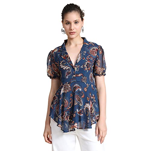KERI PERRY Women’s Navy Blue Georgette Paisley Flared Western Top | Winter Top | Western Top | Top for Women | Latest Women Top | Trendy Women Top