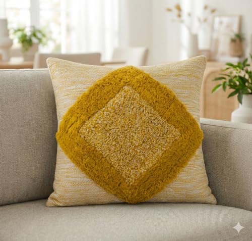 TreeWool Housse de Coussin Décorative Bohème (45 x 45 cm, Moutarde, Lot de 1) – Motif Texturé en Losanges – Douce et Résistante, pour Canapé et Salon