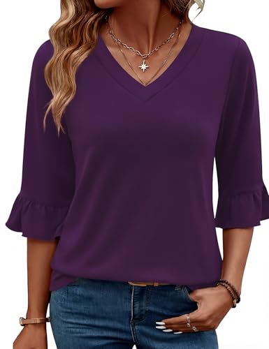 LOMON 3/4 Sleeve Tops for Women Shirts Dressy Casual Spring Half Sleeve Blouses Bohemian Tunic Maternity Beach Vacation Holiday (Purple,X-Large)