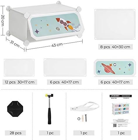 SONGMICS 6-Slot Childrens Shoe Rack, Storage Unit, Interlocking Organiser Cabinet for Kids with Plastic Shelves, Modular Wardrobe with Doors, 43 x 31 x 105 cm, White LPC904W01