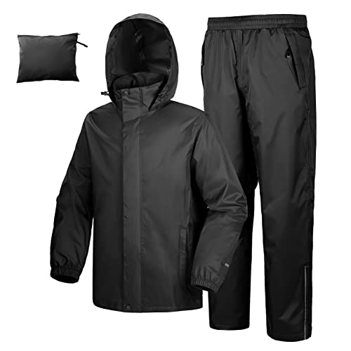 33,000ft Men’s Waterproof Rainsuit Hooded Rain Jacket Rain Trousers Packable Raincoat Sets Windproof Two Piece Rain Suit with Safety Reflectors for Fishing Hiking Camping