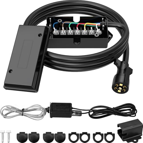 RVGUARD 7 Way 8 Foot Trailer Cord with 7 Gang Junction Box Kit, Include 12V Breakaway Switch and Plug Holder, Trailer Connector Cable Wiring Harness with Waterproof Junction Box