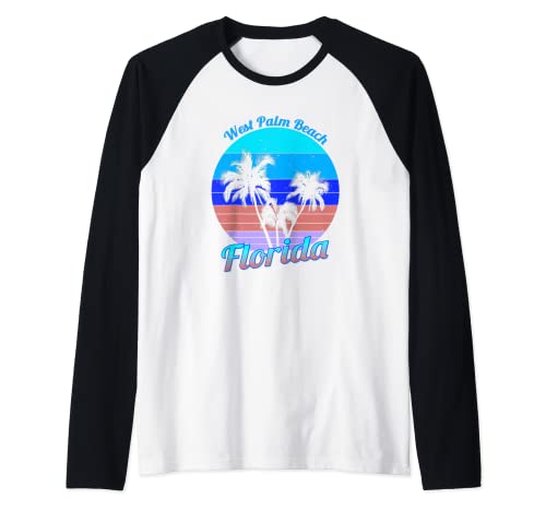 West Palm Beach Florida Retro Palmeras Tropicales Vacaciones Camiseta Manga Raglan
