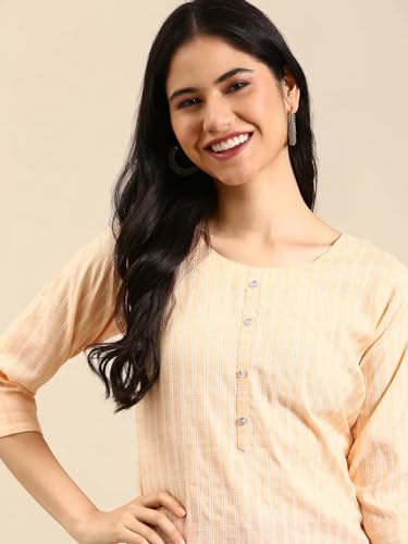 Image of SHOWOFFFF Women Woven Design Straight Ethnic Kurta | Round Neck 3 /4th Sleeves Cotton Kurta for Womens | Regular Fit Calf Length Kurta for Women's