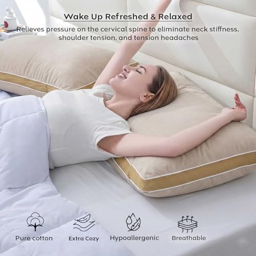 Image of AYKA Premium Microfiber Pillow for Sleeping | Super Soft & Fluffy Bed Pillow | 100% Virgin Microfiber Filling | Breathable | Ideal for All Sleeping Positions | 17x27 Inch | Beige | Pack of 4
