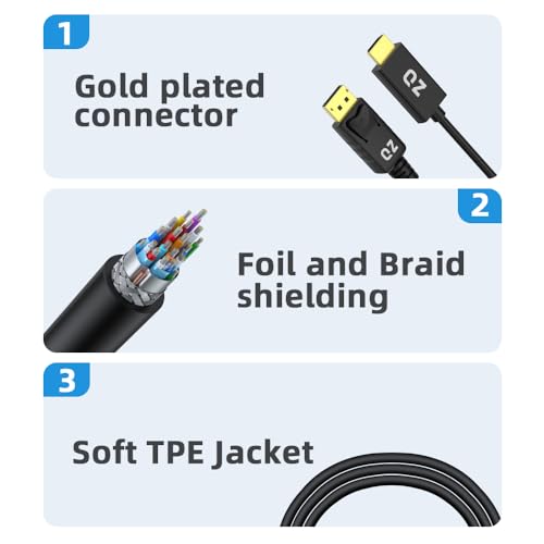 Image of QZ Displayport to HDMI Cable, DP to HDMI Cable, Unidirectional, DisplayPort 1.4, HDMI2.0, 4K 60Hz, Black, 1.8 Meter
