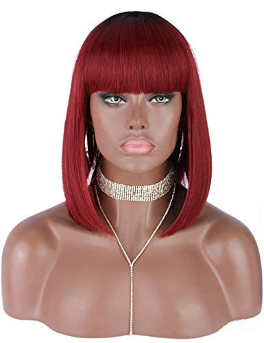 Kalyss Bob Short Hair Wig for Women Heat Resistant Yaki Synthetic Hair Brown Women's Wig With Hair Bangs (ombre burgundy red)