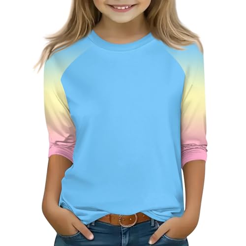 Girls Shirts Raglan 3/4 Sleeve Cute Summer Tops for Teens Flowy Crewneck Hawaiian Shirt Color Block Clothes 3-14 Years