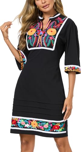 Women's Boho Dress Summer Dresses Peasant Spring Floral Embroidered V Neck 3/4 Sleeves Fromal Party Dress