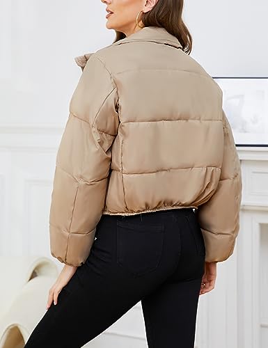 Gihuo Women’s Stylish Khaki Cropped Puffer Jacket for Winter Warmth with Zip Pockets - Image 6