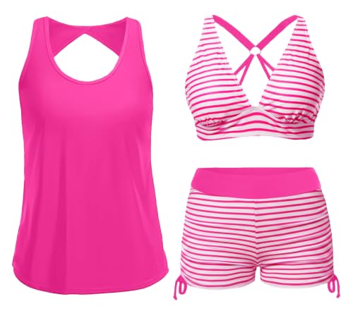 Image of Yonique 3 Piece Tankini Swimsuits for Women Swim Tank Top Bathing Suits with Boy Shorts and Bra Athletic Swimwear