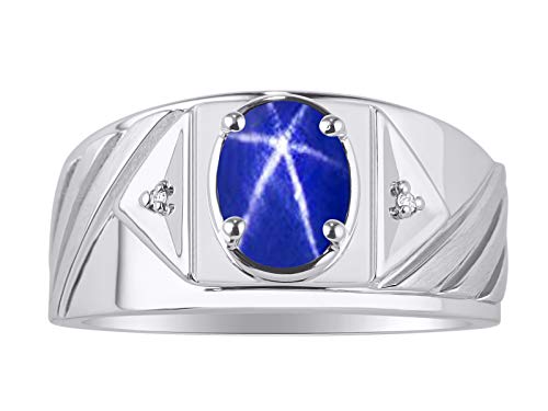 RYLOS Mens Rings Sterling Silver Rings Classic Designer Style 8X6MM Oval Gemstone & Genuine Diamond Ring Blue Star Sapphire Birthstone Rings For Men, Men's Rings, Silver Rings, Sizes 8,9,10,11,12,13