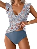 Aidonger Tankini Swimsuit for Women Tummy Control Two Piece Bathing Suit Ruched Ruffle Swimwear Top with Bottom Blue Print