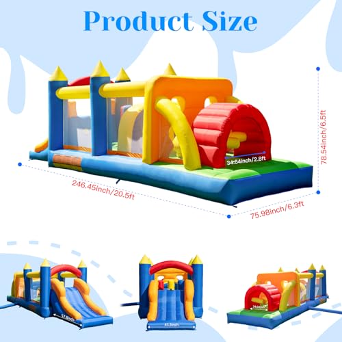 HuaKastro 20.5FT(L) Extended Inflatable Obstacle Course Bounce House for Kids Party Easter Event, with Various Obstacles: Tunnel, Crossing Wall, Jungle, Jumping Area, Climbing Wall and Slide