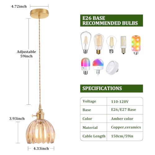 Image of Shenmoyl Pendant Light 2 Pack with Amber Tulip Glass Lmapshade, Brass Vintage Pendant Light Adjustable Hanging Light for Kitchen Island Dining Room Hallway