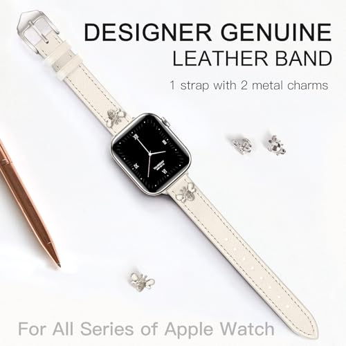 Image of JR.DM Slim Leather Bands Compatible with Apple Watch Band 38mm 40mm 41mm 42mm 44mm 45mm 46mm 49mm, Genuine Leather Band with Charms, Feminine Design for Iwatch Ultra SE Series 11 10 9 8 7 6 5 4 3 2 1