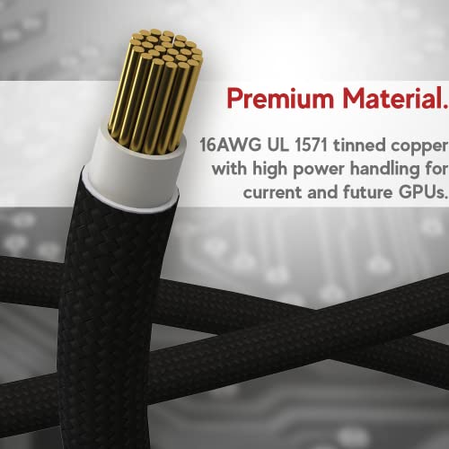 Image of LINKUP - AVA Right Angle 600W PCIE 5.0 16Pin (12+4) High Current Power Cable | Molded & Soldered Type 16AWG Sleeved | Compatible with RTX5000 RTX4000 RTX3000 FE | 70cm Black